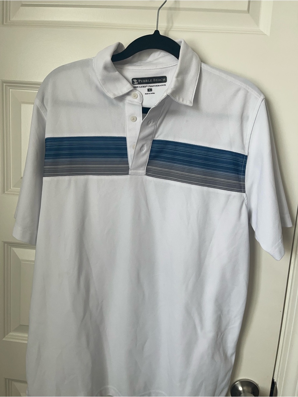 Pebble Beach White Polo with Blue Stripe
